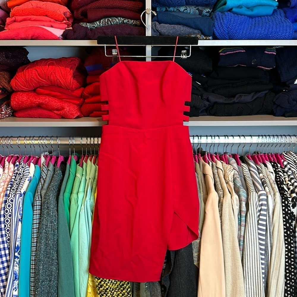 Amanda Uprichard red strapless asymmetrical hem cut out dress size S